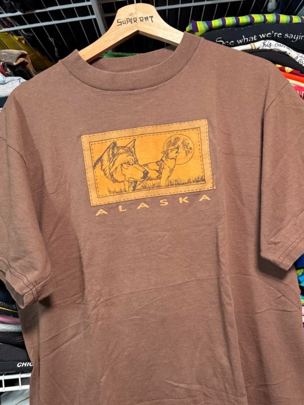 90s vintage Alaska wolf graphic t shirt brown tultex
